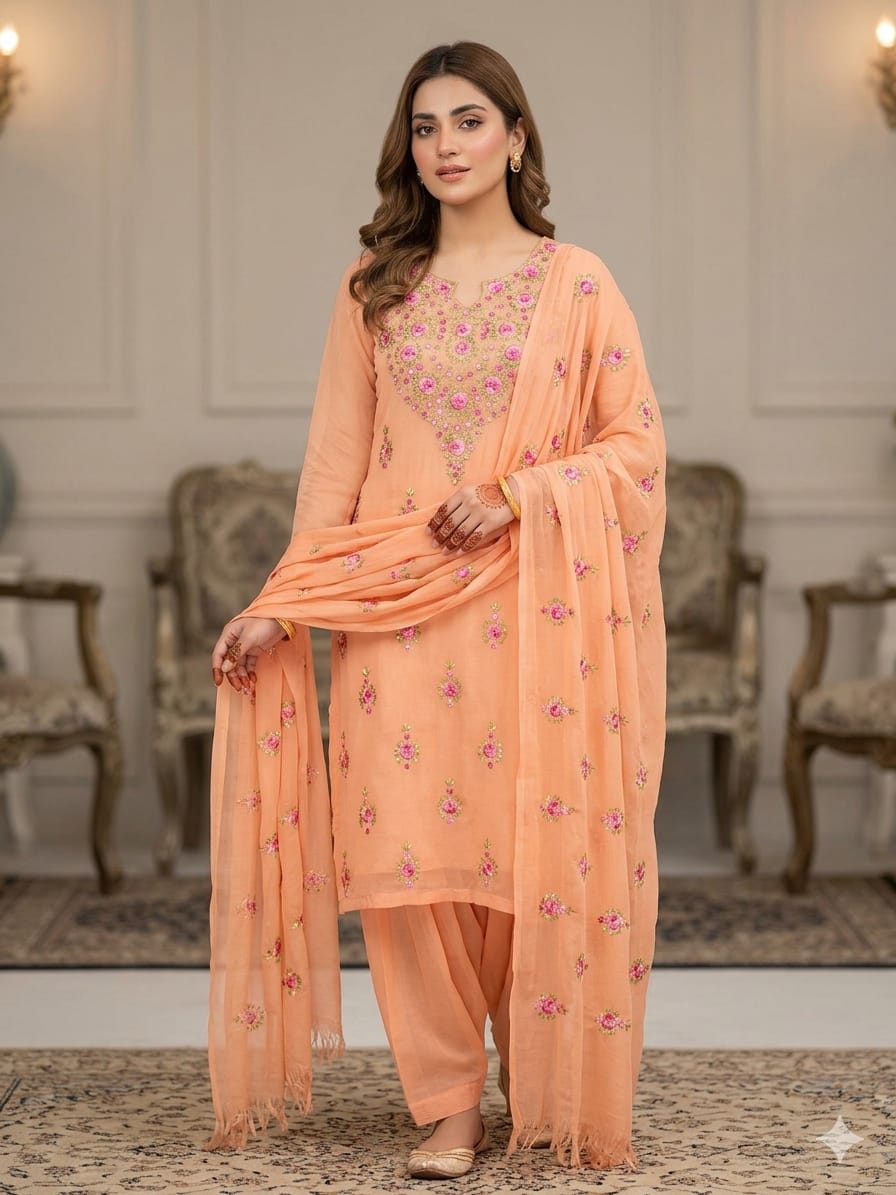 3 peace silk dress with embroidered gala and multi shifon duppata.