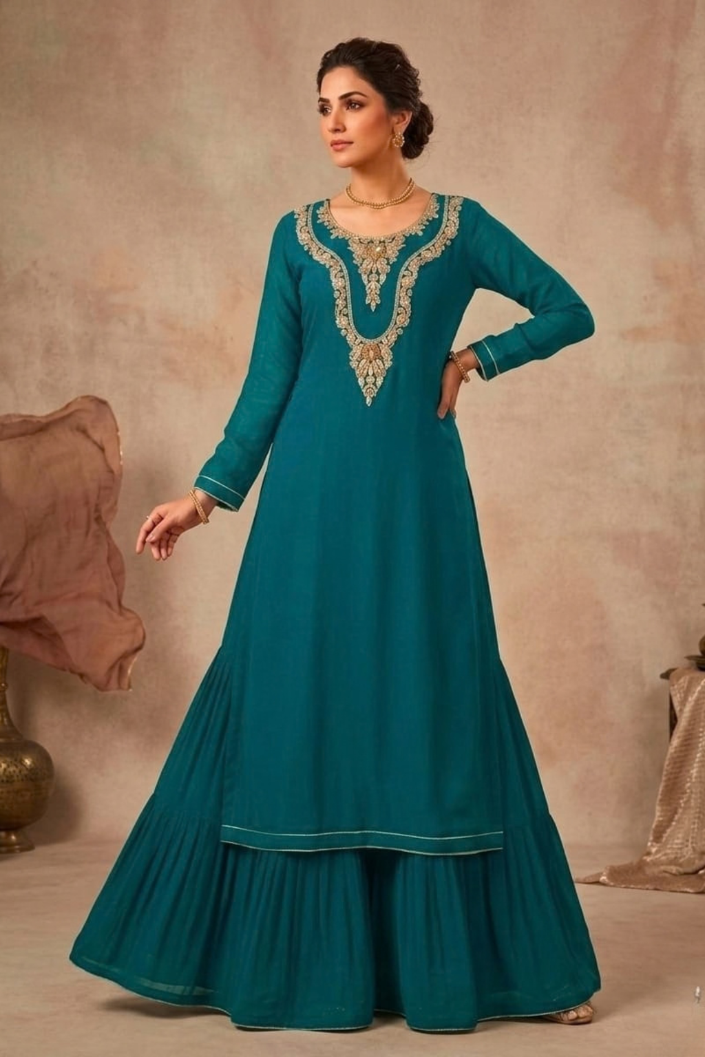 Shesha silk dress with naqshi dabqa work.