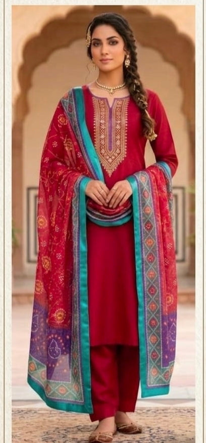 3 peace silk dress with embroidered gala and multi shifon duppata.