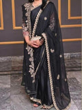 Black silk sarees with heavy embroidery and sequence work on blouse with extra embroidery duppata.