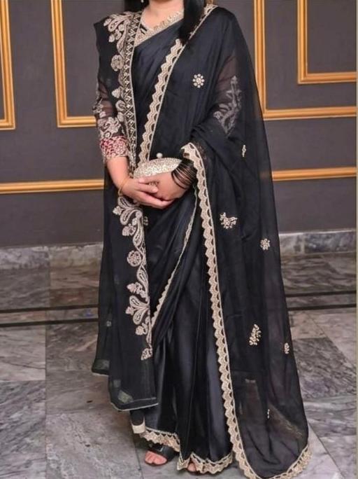 Black silk sarees with heavy embroidery and sequence work on blouse with extra embroidery duppata.