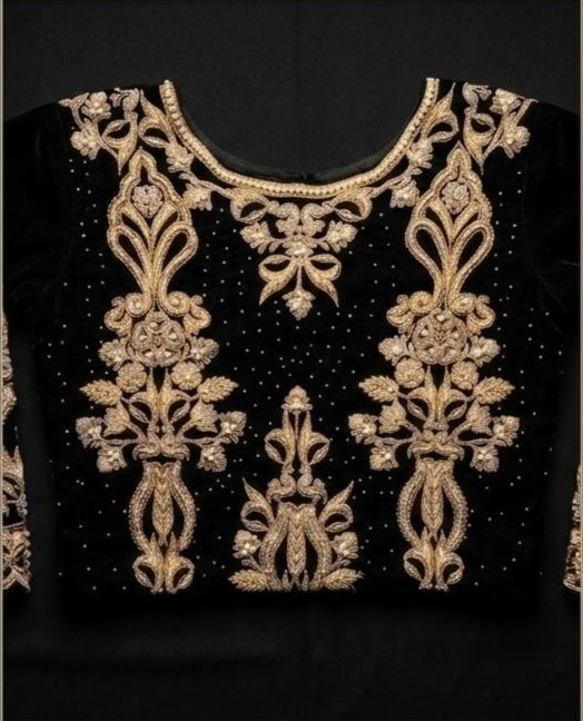 Black silk sarees with heavy embroidery and sequence work on blouse with extra embroidery duppata.