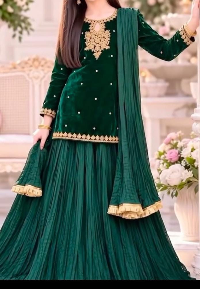 Valvet kurti with silk lehnga 3 peace dress with chunri duppata.