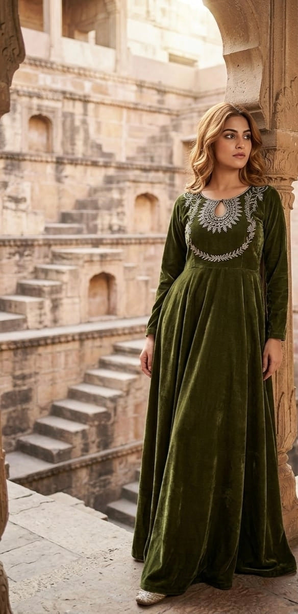 Long velvet maxi with tella work.