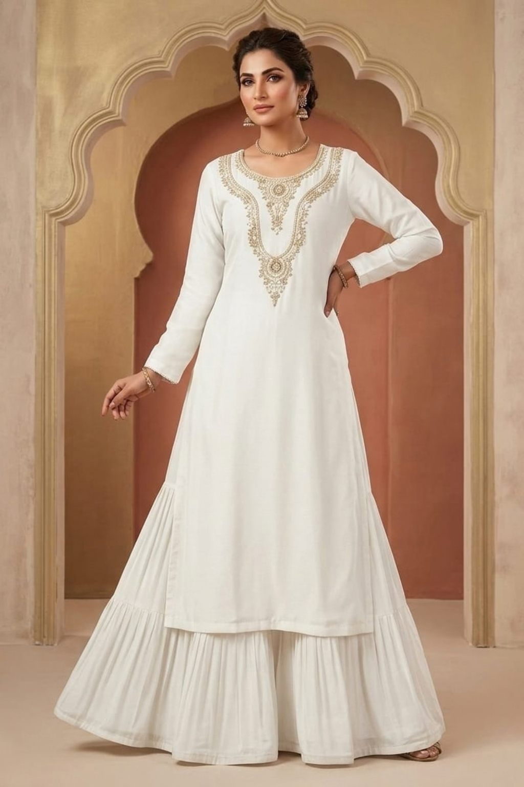 Shesha silk dress with naqshi dabqa work.