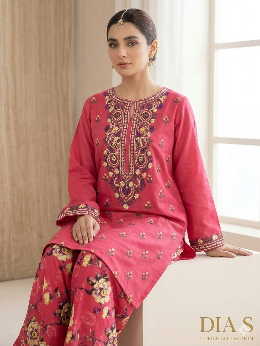 3 peace lelen dress with heavy embroidery shirt and printed shalwar.