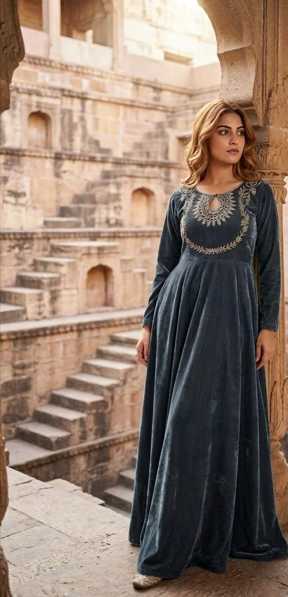 Long velvet maxi with tella work.